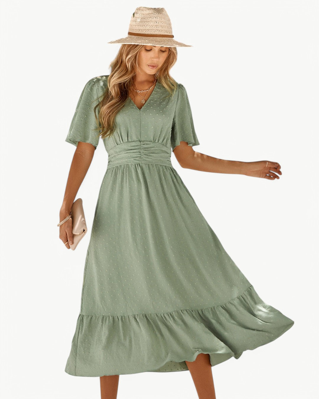 RENÉE – Robe midi à col en V et manches courtes