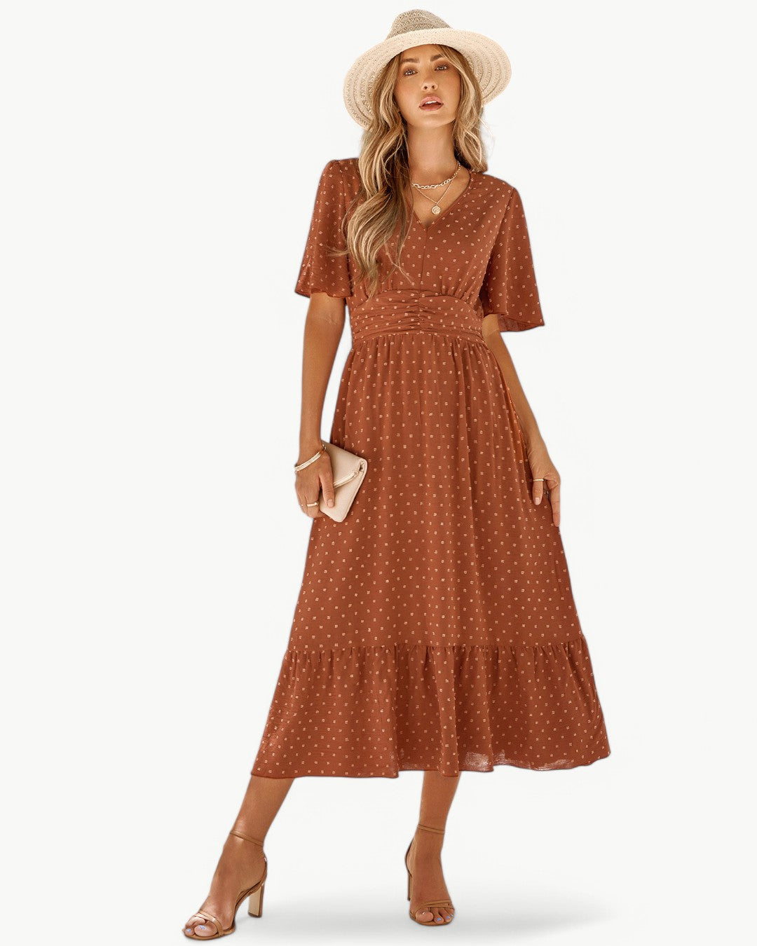 RENÉE – Robe midi à col en V et manches courtes