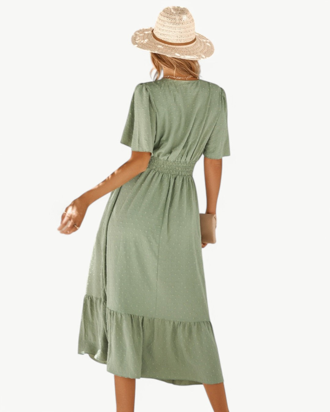 RENÉE – Robe midi à col en V et manches courtes