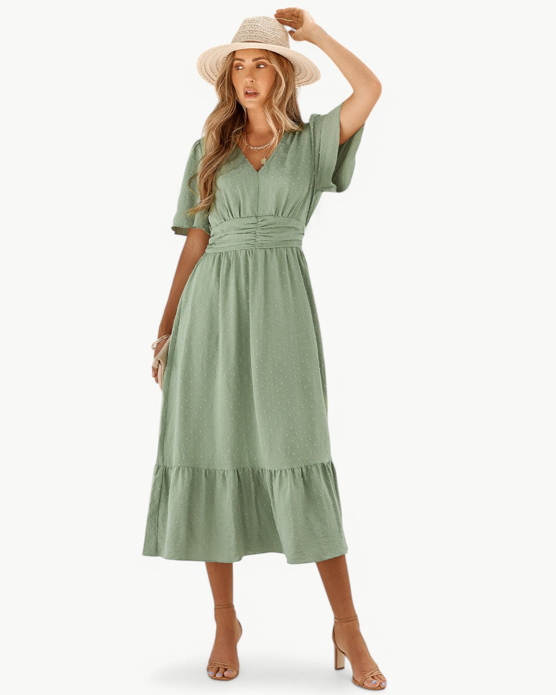 RENÉE – Robe midi à col en V et manches courtes