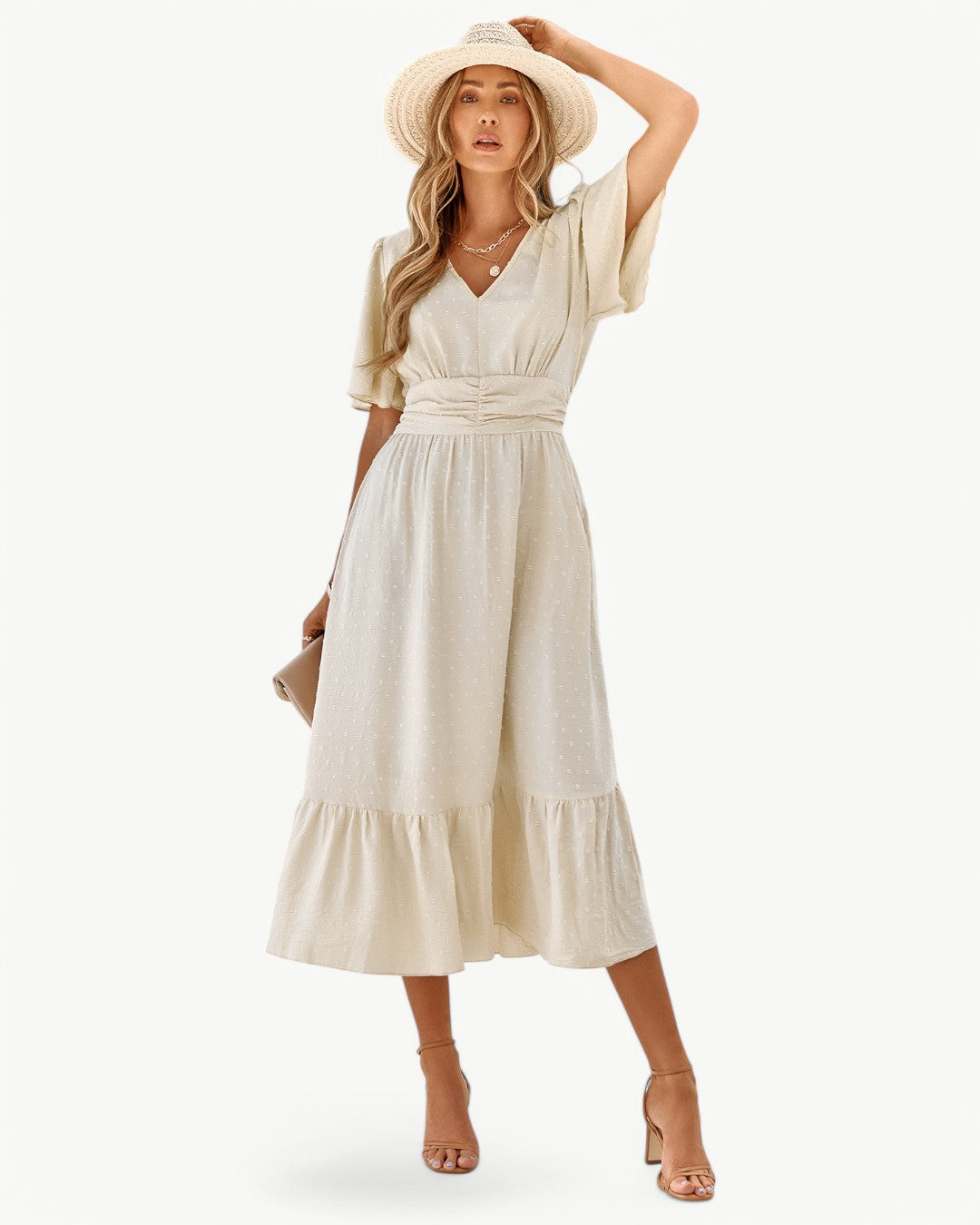 RENÉE – Robe midi à col en V et manches courtes