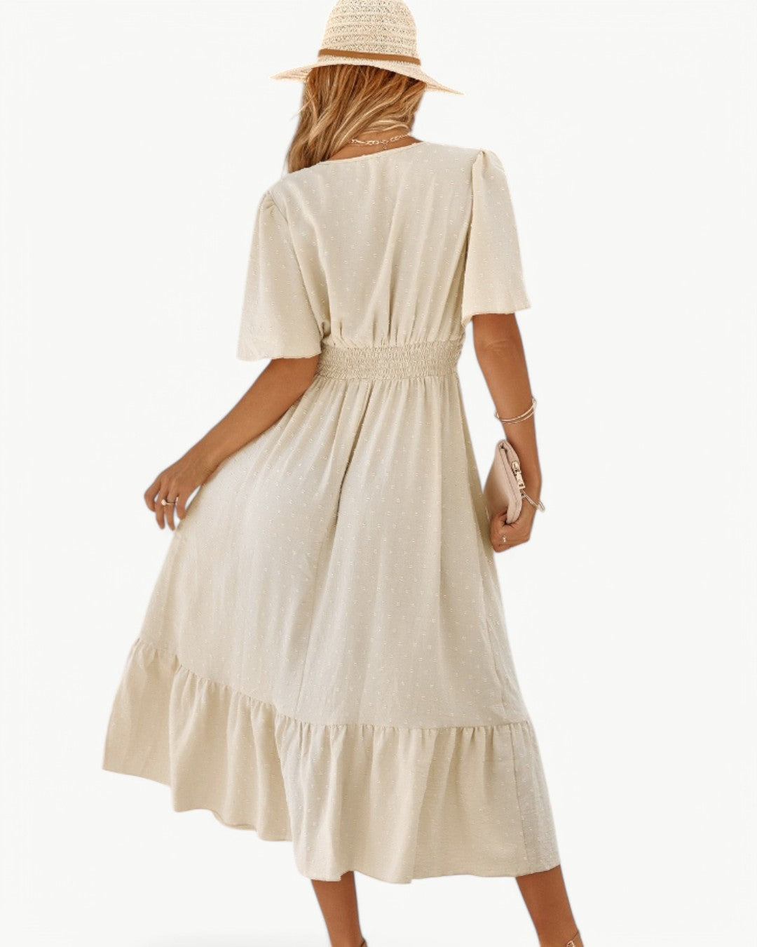 RENÉE – Robe midi à col en V et manches courtes