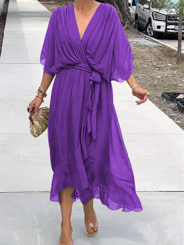 Monica™ | Silk muslin dress with V-neck