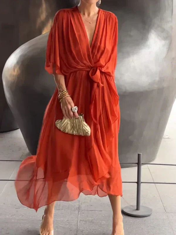 Monica™ | Silk muslin dress with V-neck