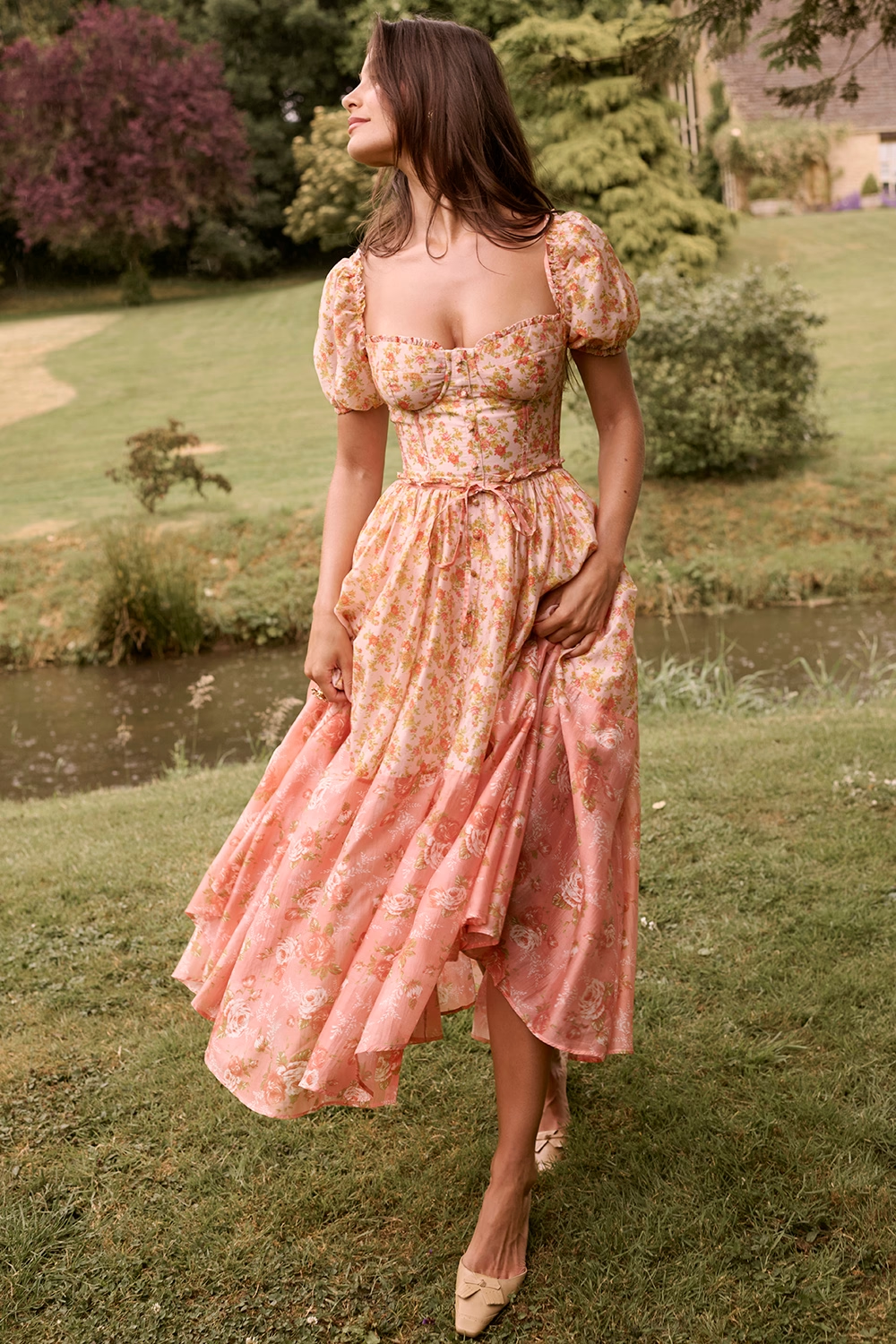 Lana™ | Robe midi à manches bouffantes avec imprimé de coquelicots pêche