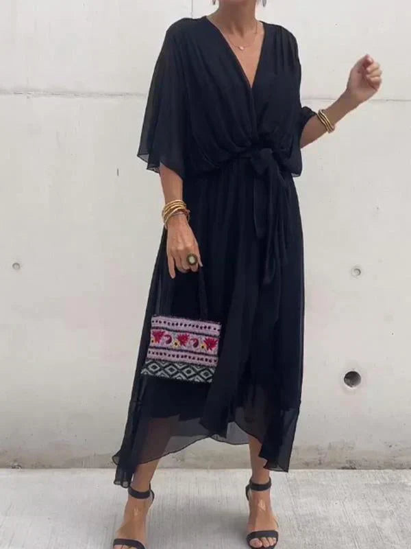 Monica™ | Silk muslin dress with V-neck